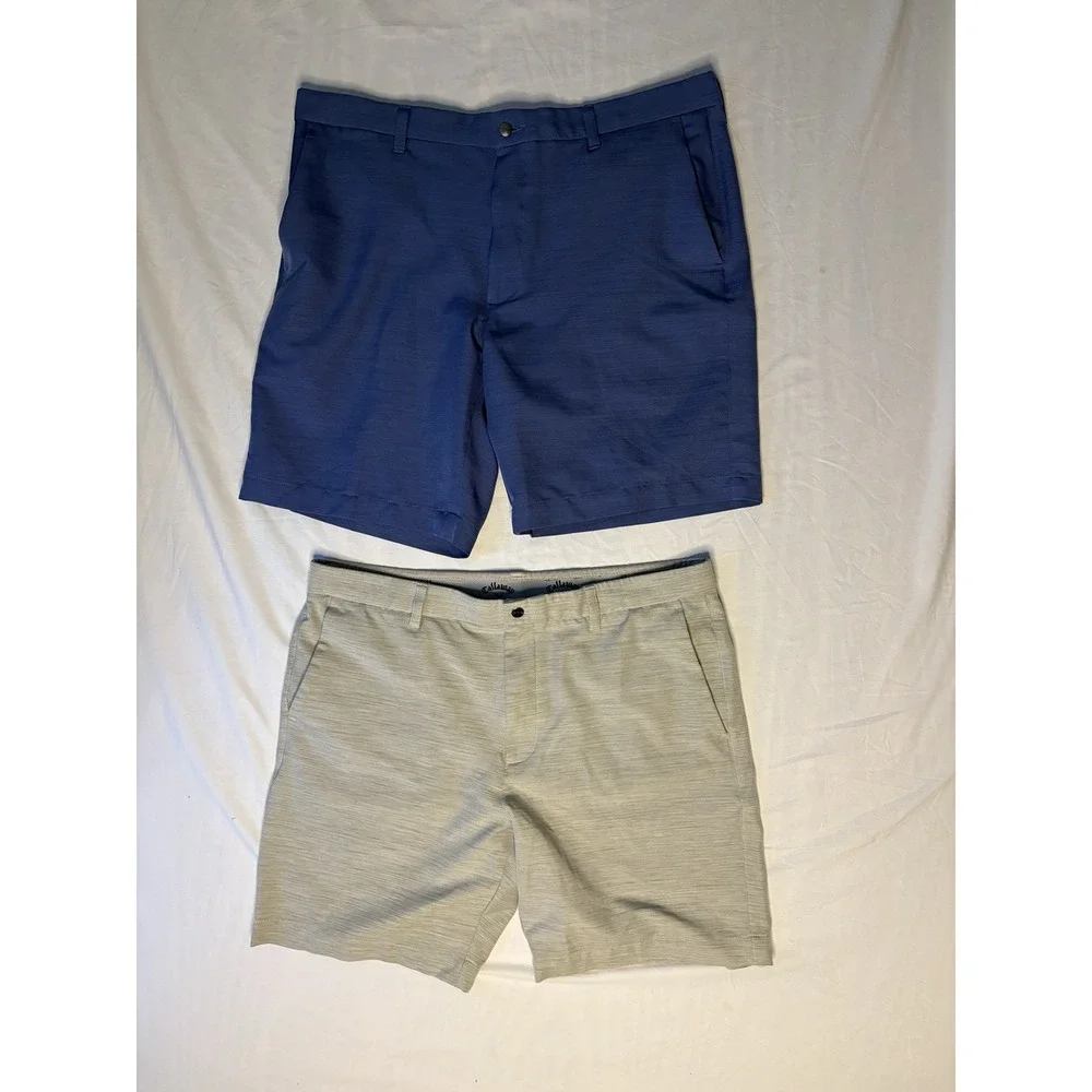 Callaway Chino Golf Shorts Men's 38x8 Beige & Blue Stretch Pockets Lot Of 2